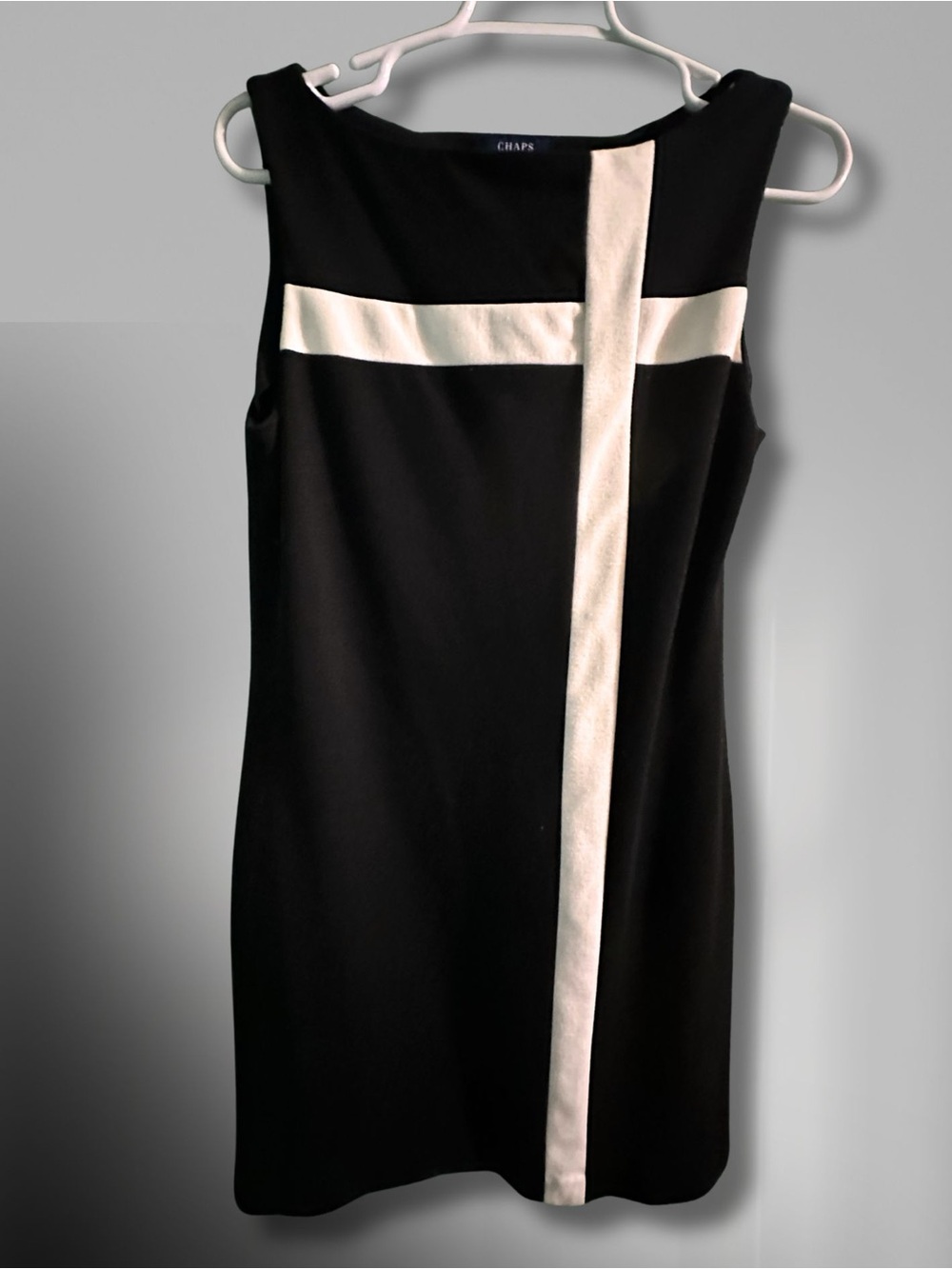 Vtg Chaps Black Mod Sheath Dress with Cream Cross-Accent
